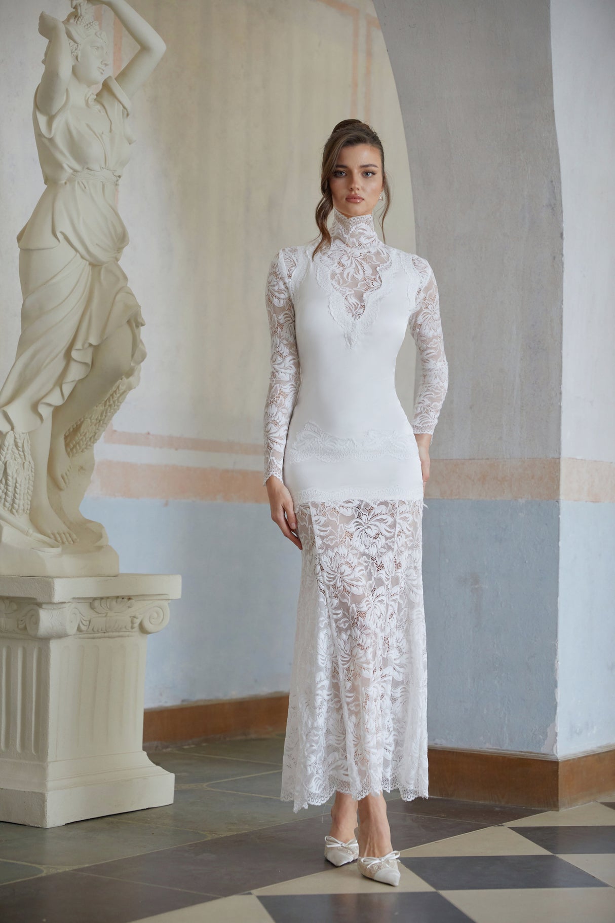 Aurohaya Airelle White Satin Panel Lace Maxi Dress