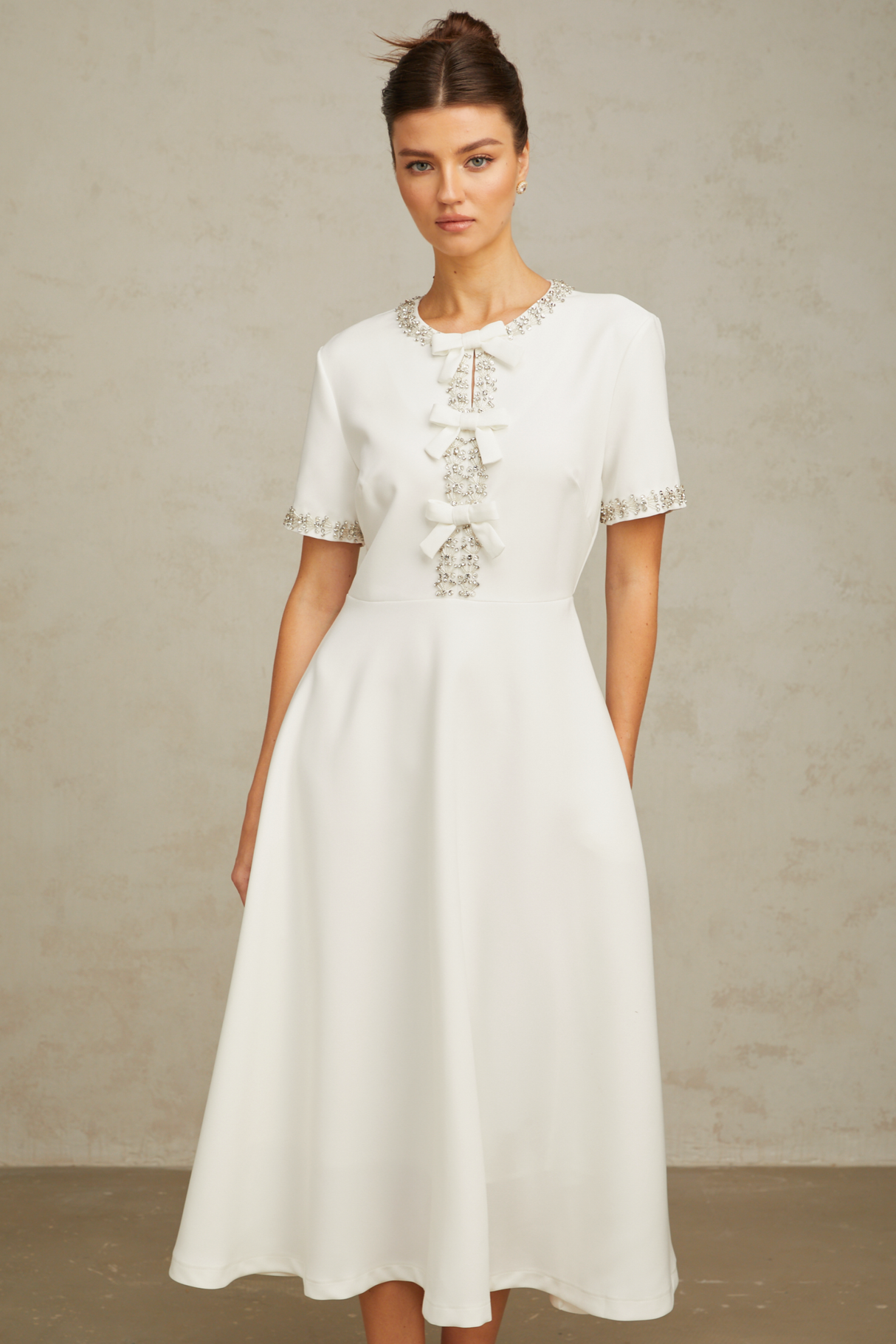 Aurohaya Cassiopeia crystal-accented bow midi dress in White