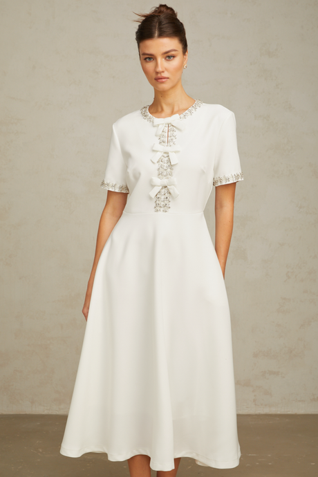 Aurohaya Cassiopeia crystal-accented bow midi dress in White