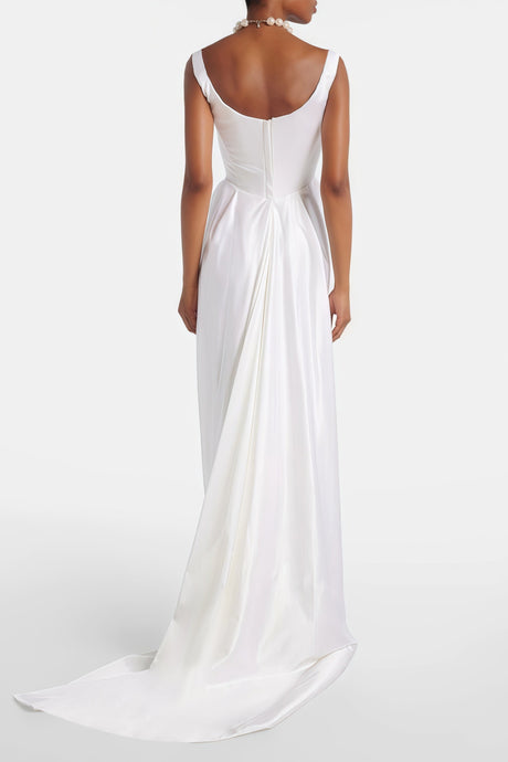 Aurohaya Fiona White Satin Square Neck Maxi Dress