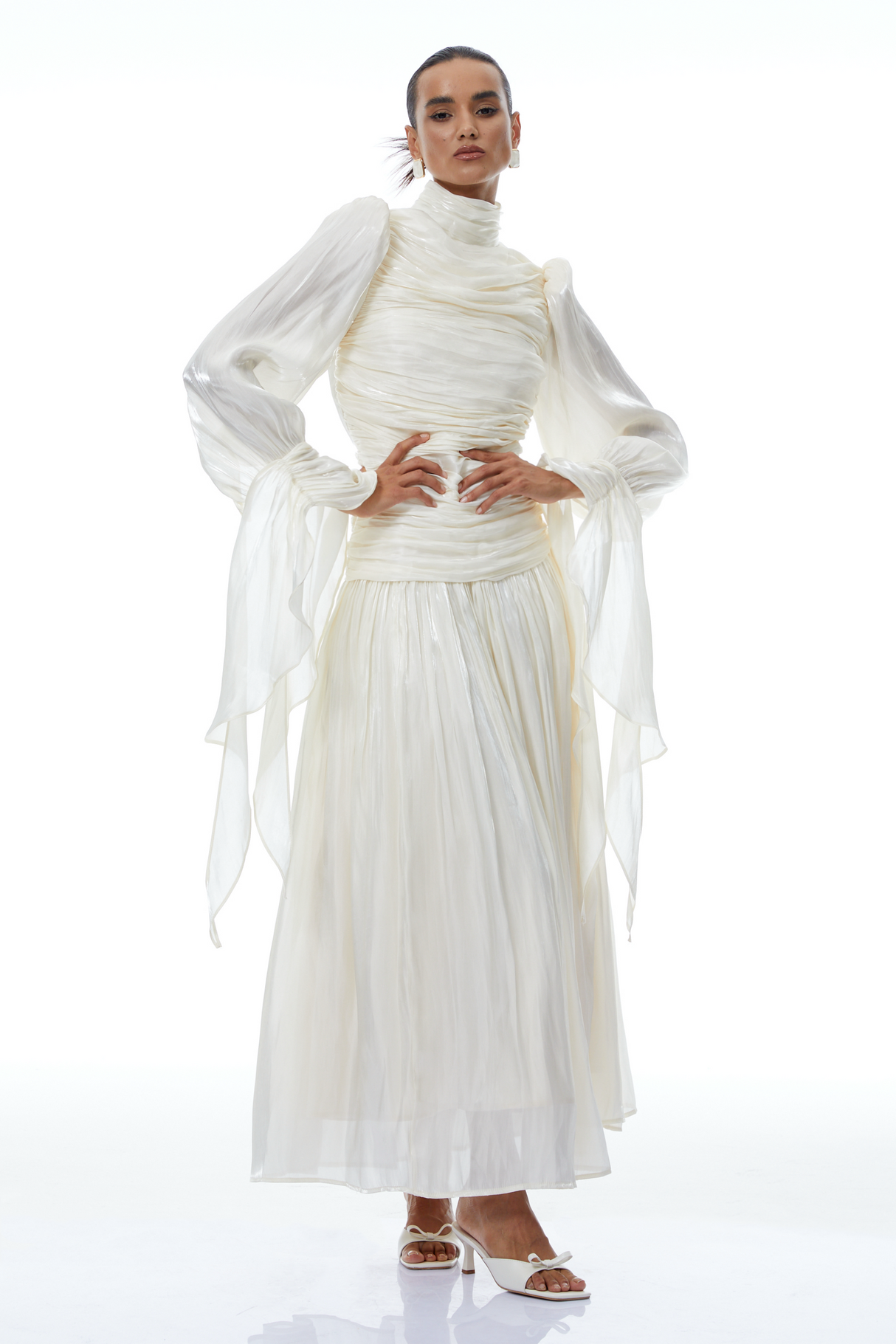 Aurohaya Sarolta Neutral Glossy Ruched Maxi Dress