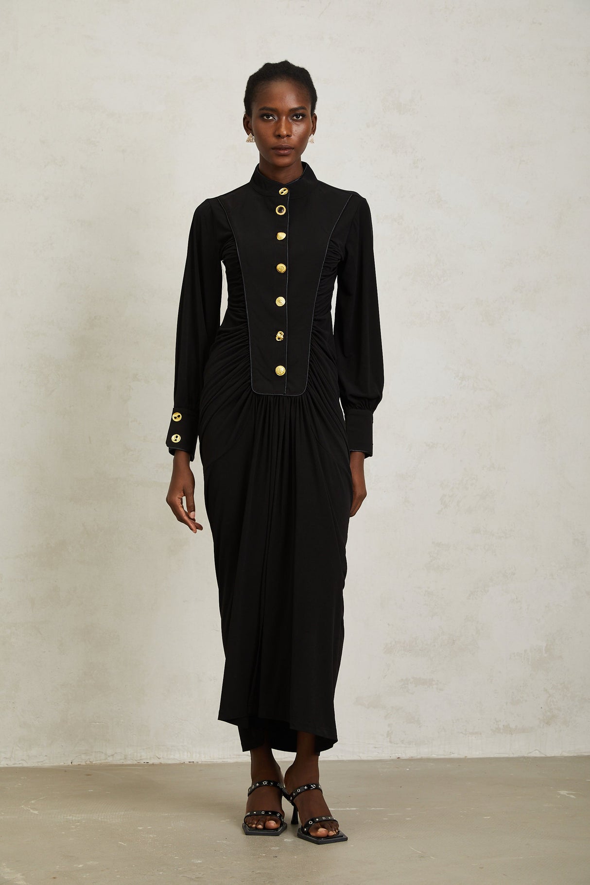 Aurohaya Brooklyn Black Gathered Draped Maxi Dress