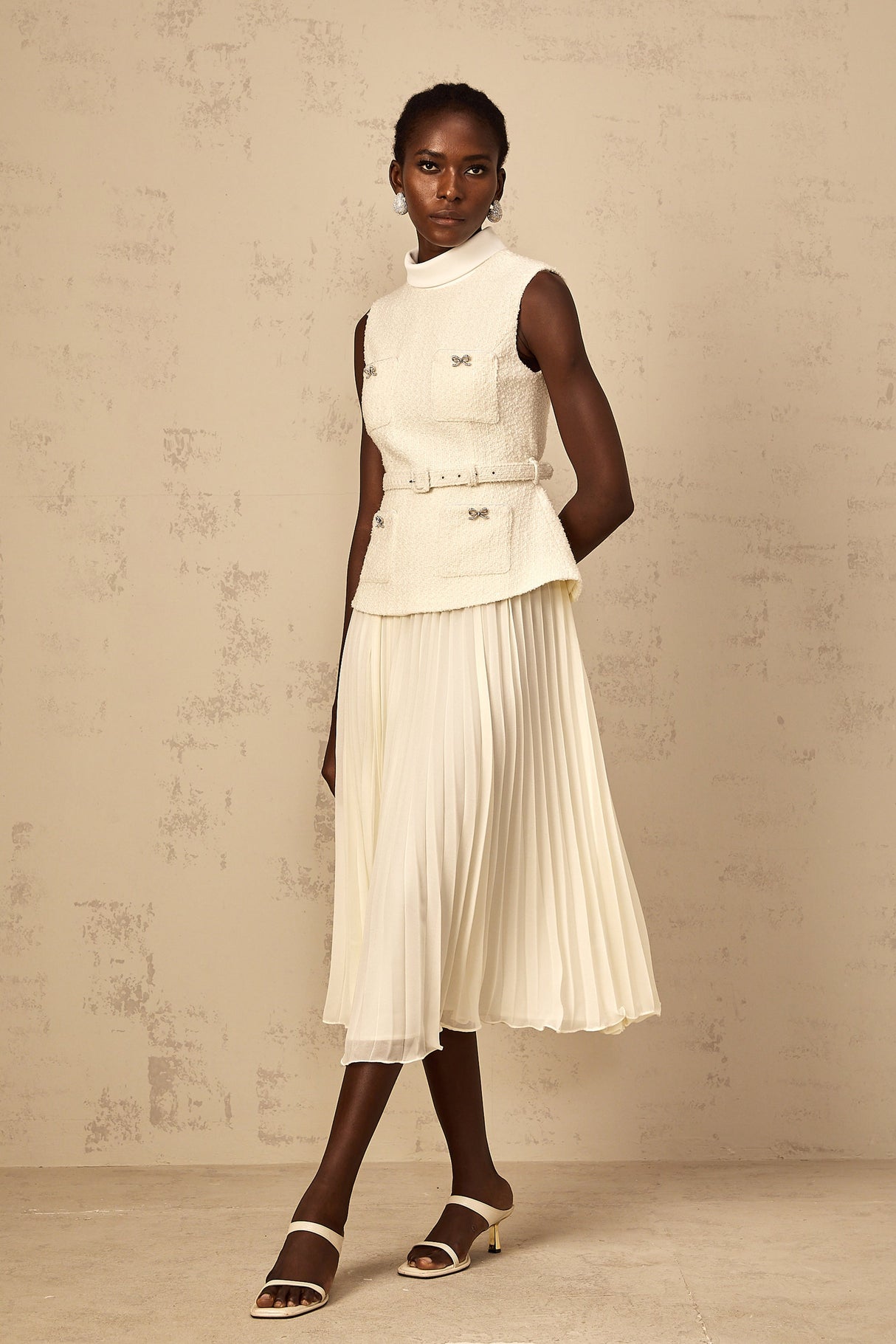 Aurohaya Dulcie Off-White Tulle Panel Tweed Midi Dress