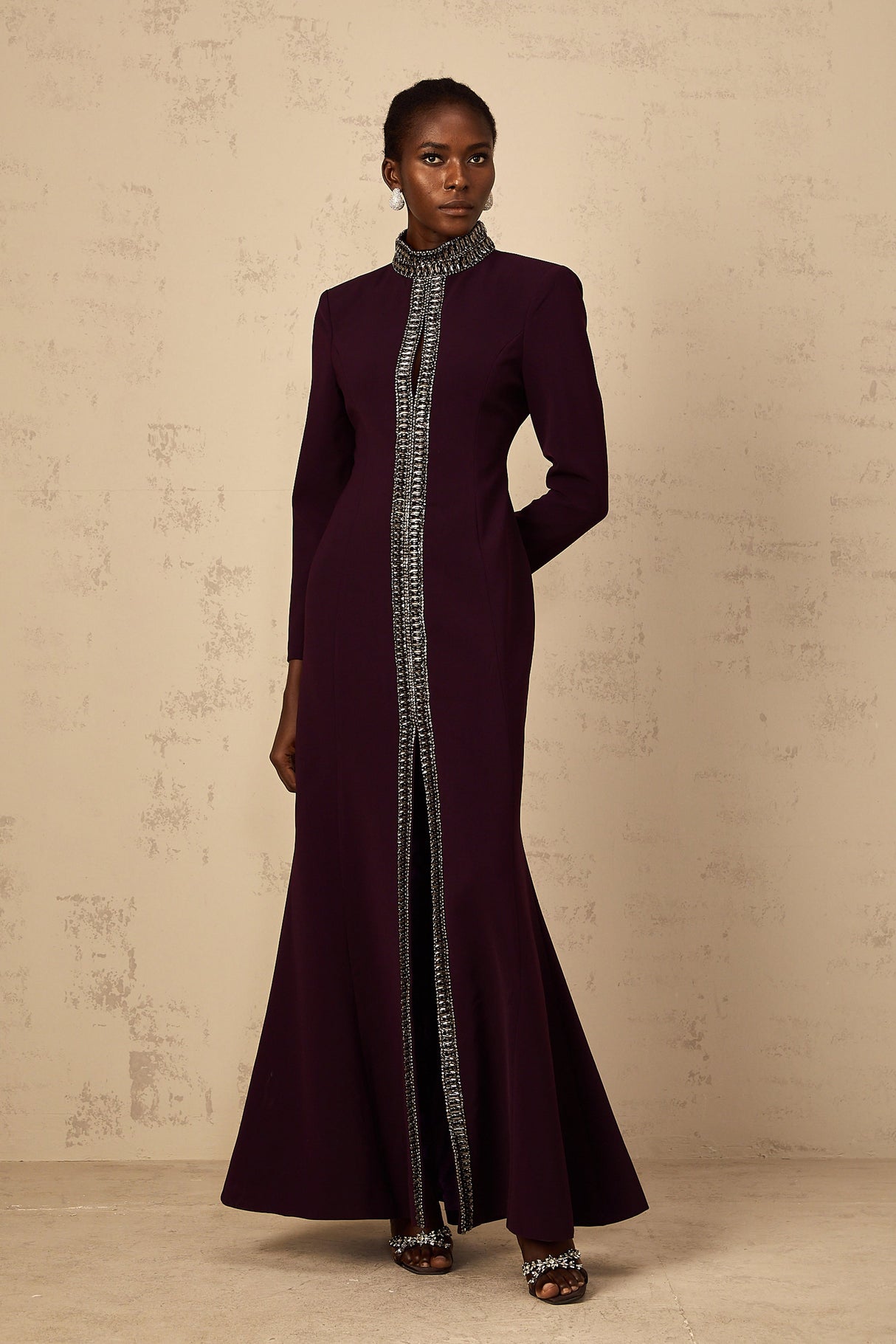 Aurohaya Maëlie Burgundy Embellished Flared Maxi Dress