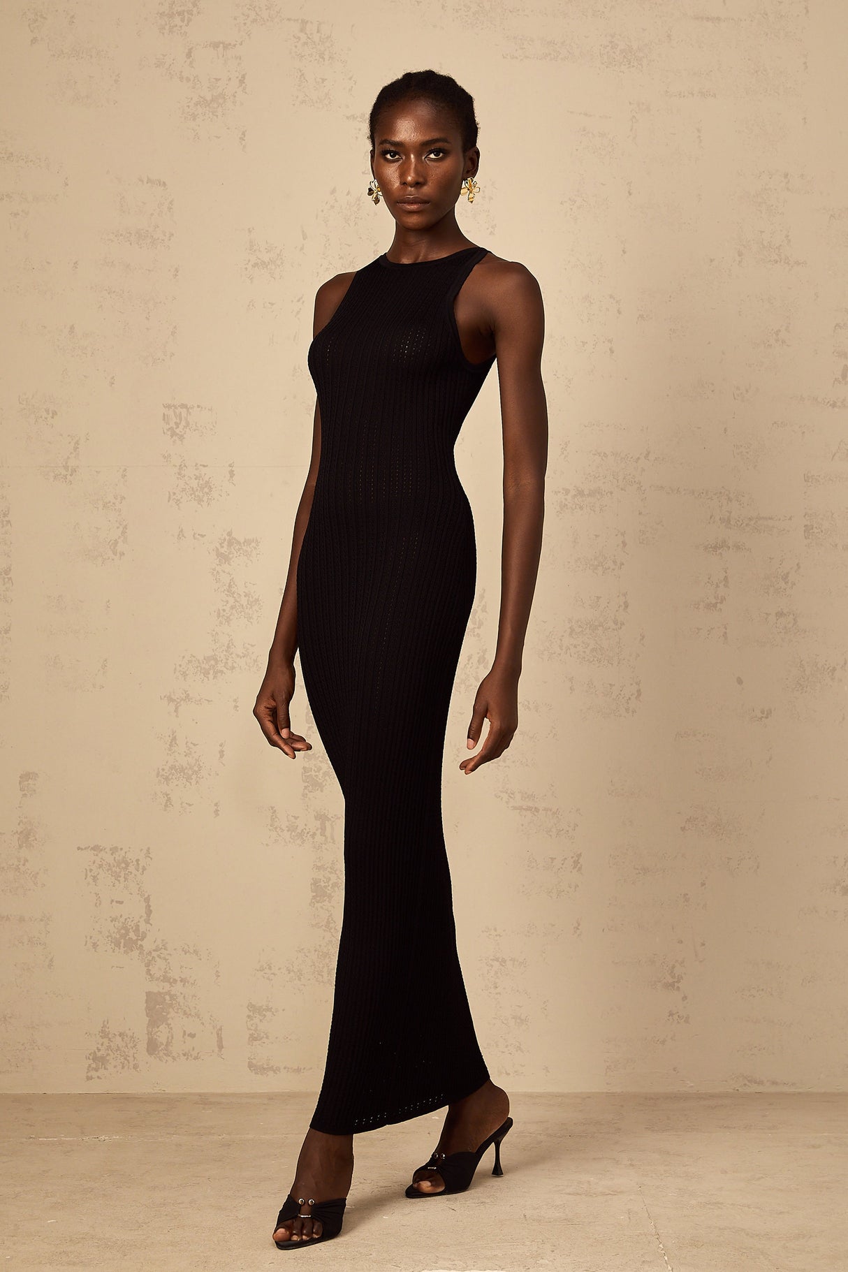 Aurohaya Déotille black fitted ribbed-knit maxi dress