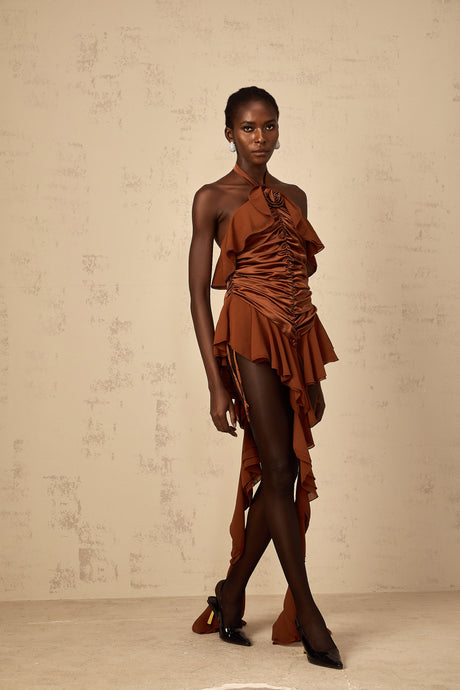 Aurohaya Léonie brown floral-appliqué ruched mini dress