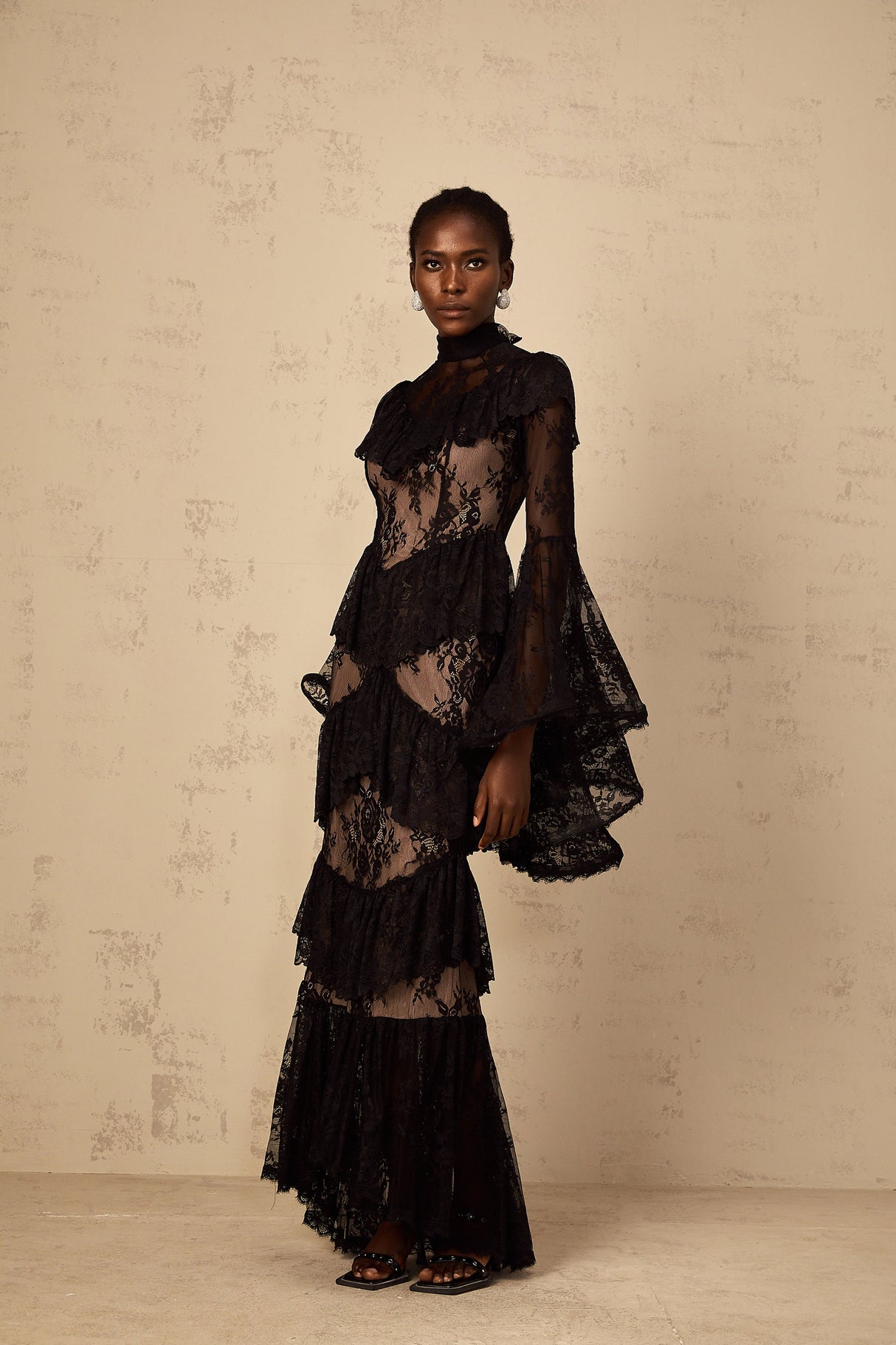 Aurohaya Roxane black floral-lace ruffled maxi dress