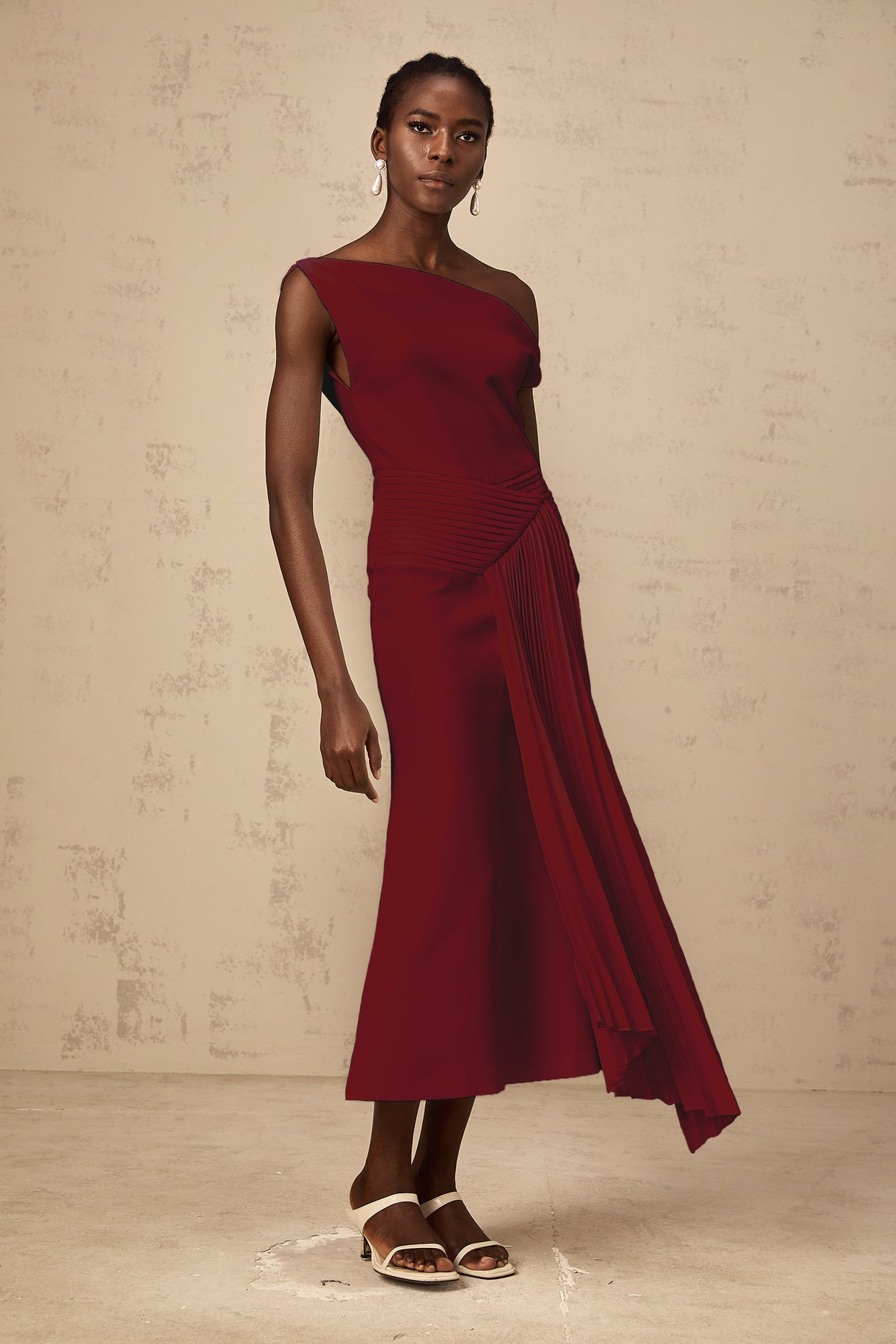 Aurohaya Laurine asymmetrical draped midi dress in Burgundy