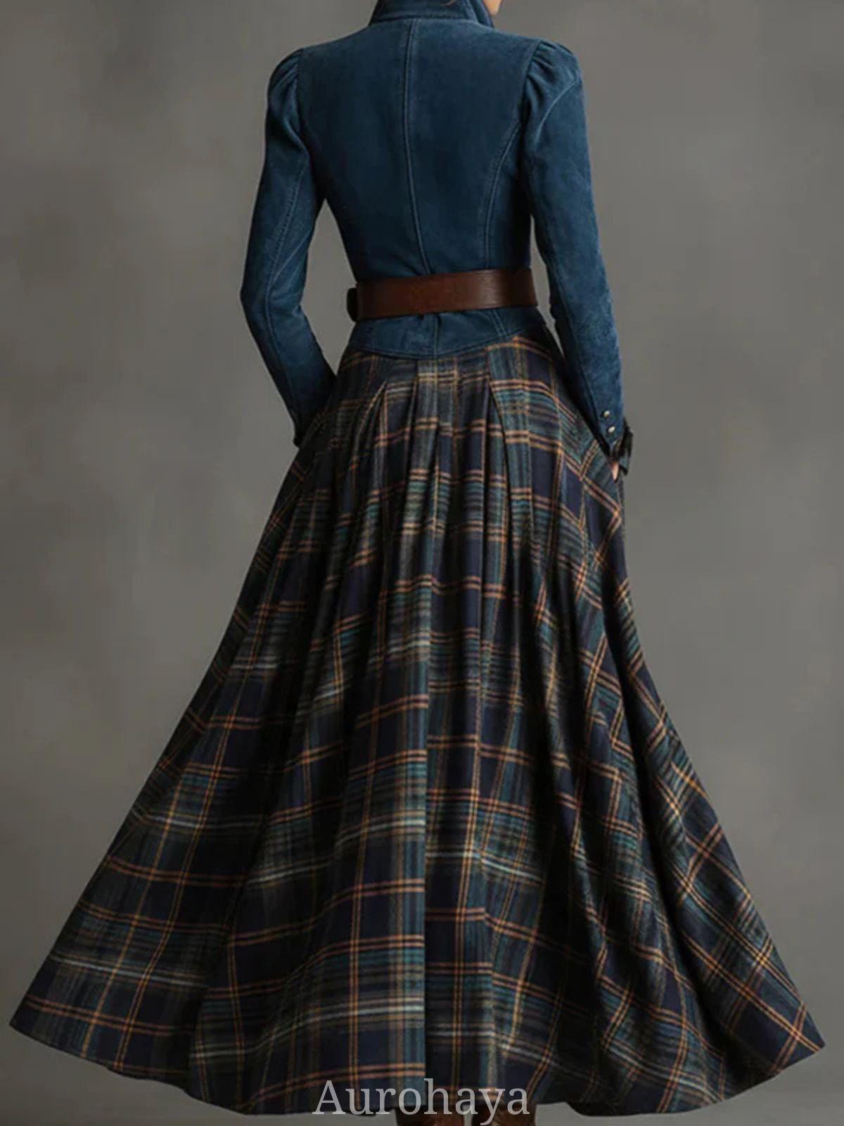 Aurohaya Blue Suede Patchwork Striped Maxi Dress - Women's Long Boho Dress