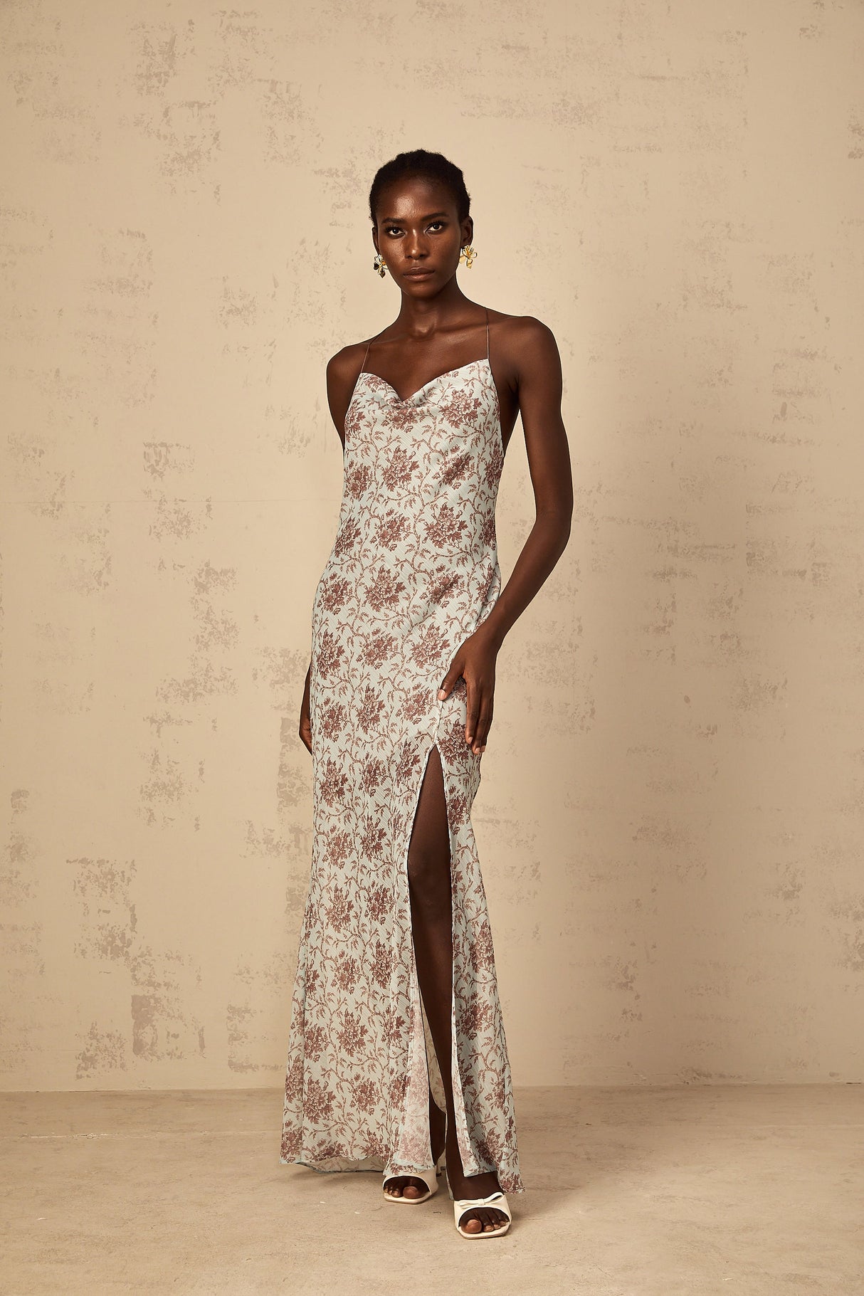 Aurohaya Honorine Blue Sleeveless Floral Print Maxi Dress
