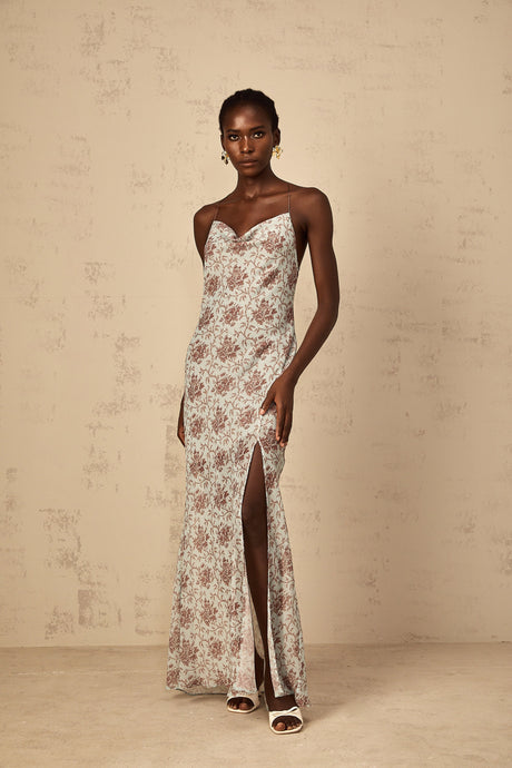 Aurohaya Honorine Blue Sleeveless Floral Print Maxi Dress