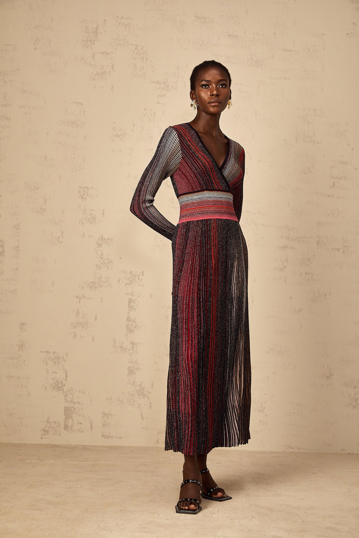 Aurohaya Amaryllis Red Long Sleeve Sequin Striped Knit Maxi Dress