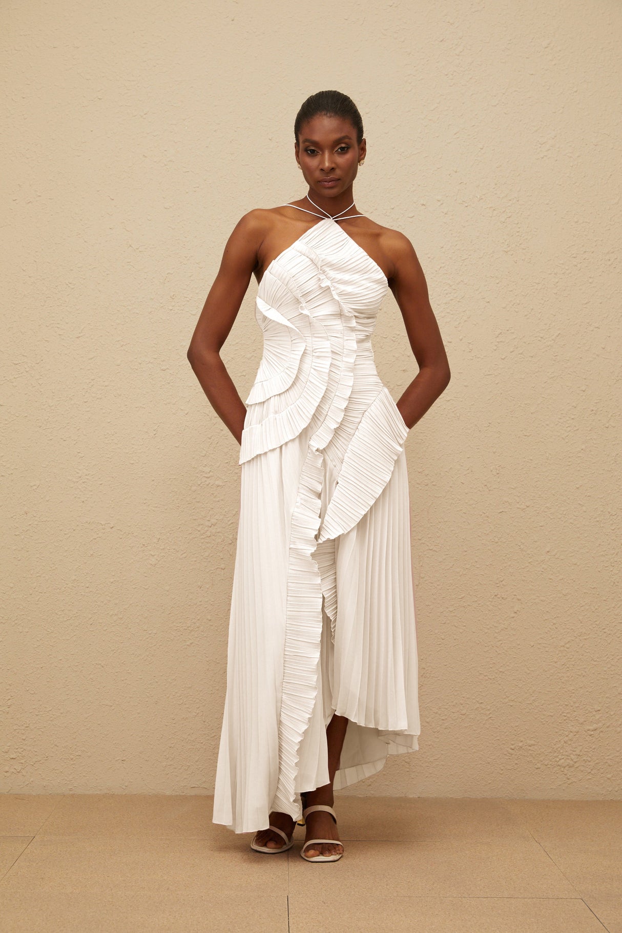 Aurohaya Doux White Ruffled Trim Pleated Midi Dress