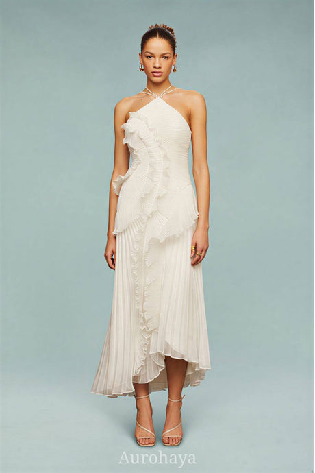 Aurohaya Véronique Ruffle Halter-Neck Pleated Maxi Dress White
