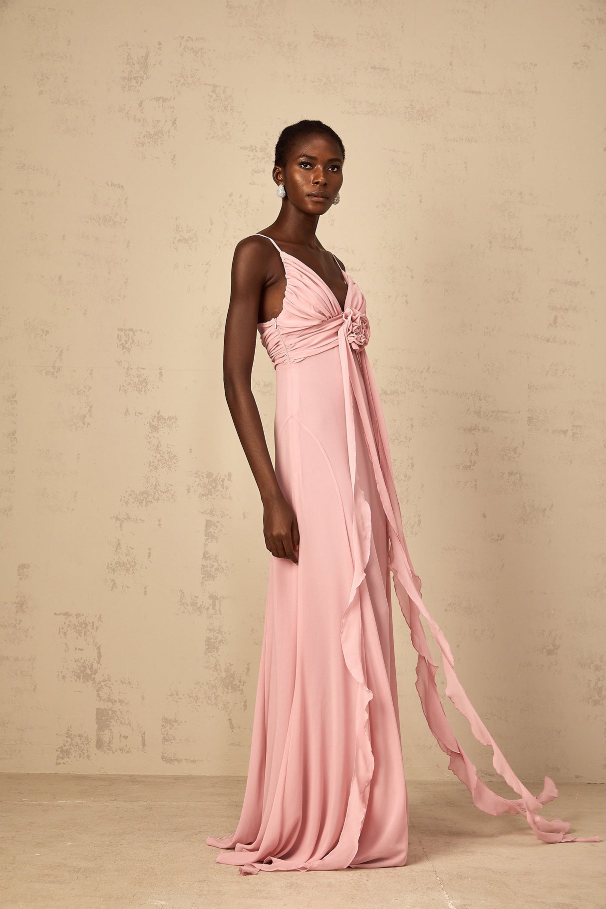 Aurohaya Ysandre Soft-Pink 3D Petal Tulle Maxi Dress