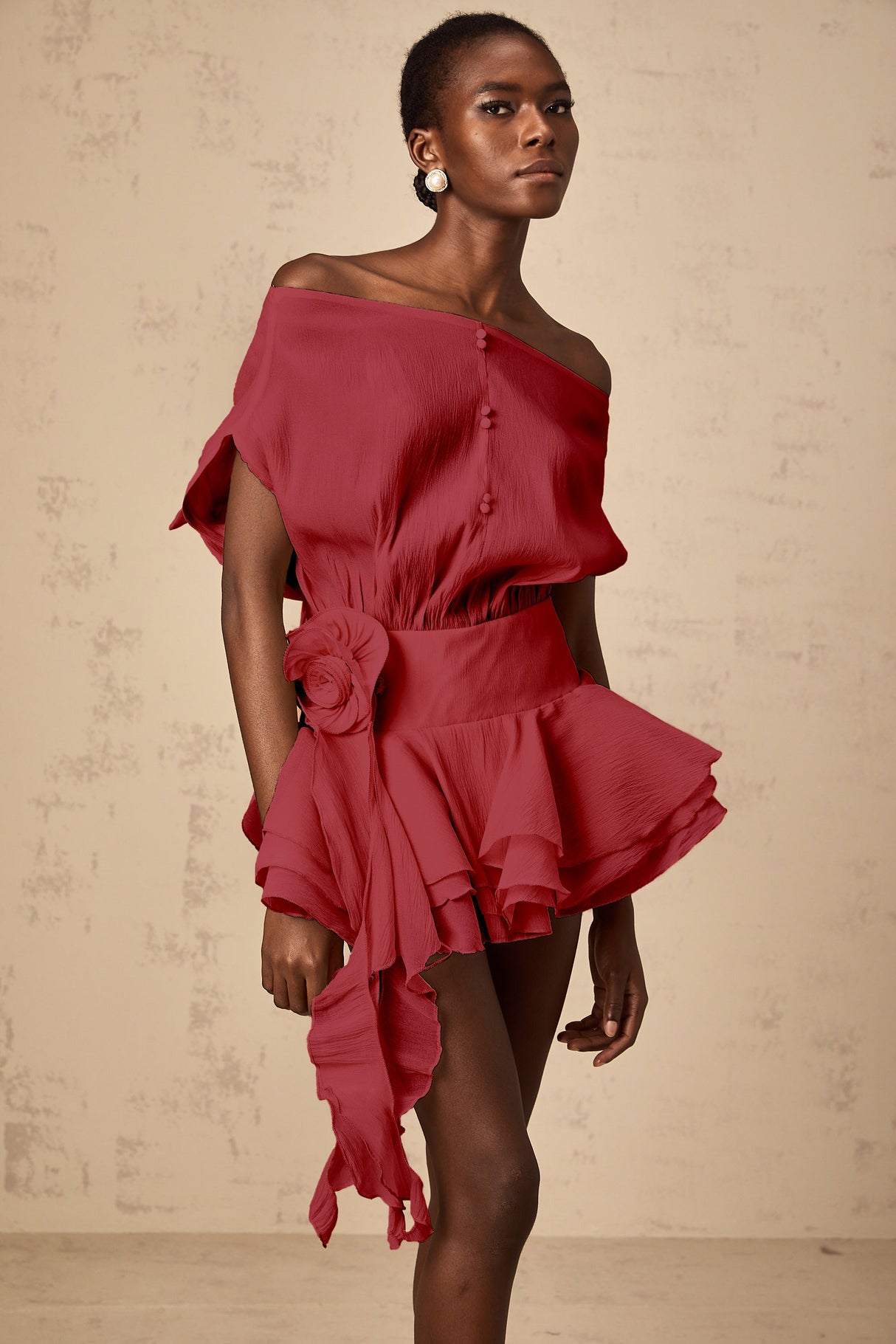 Aurohaya Amélie Red Floral Appliqué Flounced Mini Dress