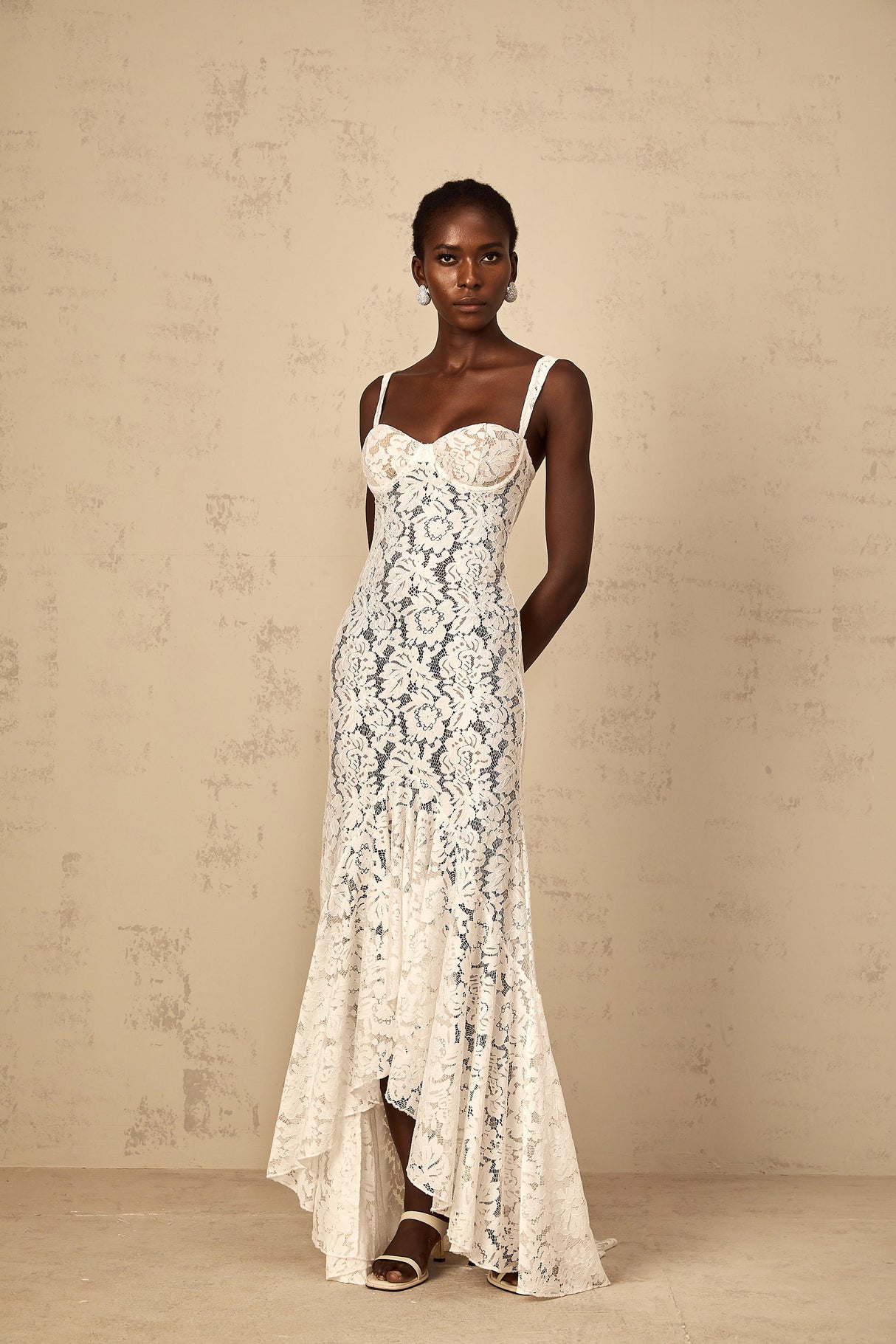 Aurohaya Abbie White Floral Lace Bustier Maxi Dress