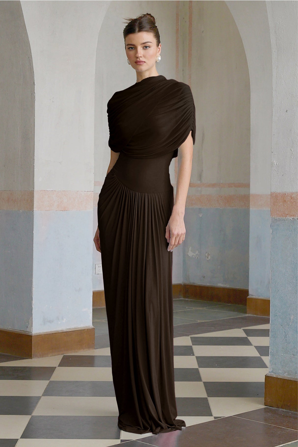 Aurohaya Catherine asymmetrical pleated maxi dress in Brown