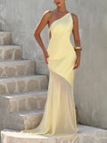 Aurohaya Elegant One Shoulder Sheer Hem Maxi Dress Yellow