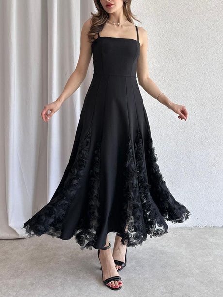 Aurohaya Elegant Rose Floral Applique Spaghetti Strap Midi Dress Black