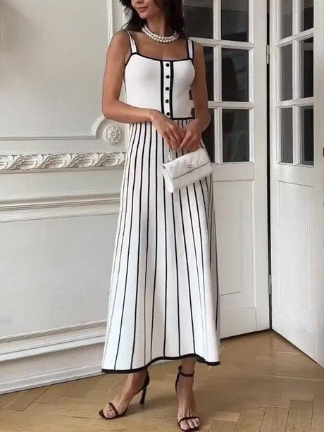 Aurohaya Vintage Suspender Striped Contrast Knitted Midi Dress