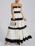 Aurohaya Elegant Striped Bow A-Line Maxi Dress White