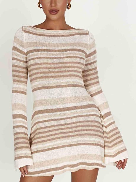 Aurohaya Elegant Open Back Striped Knitted Mini Dress Khaki