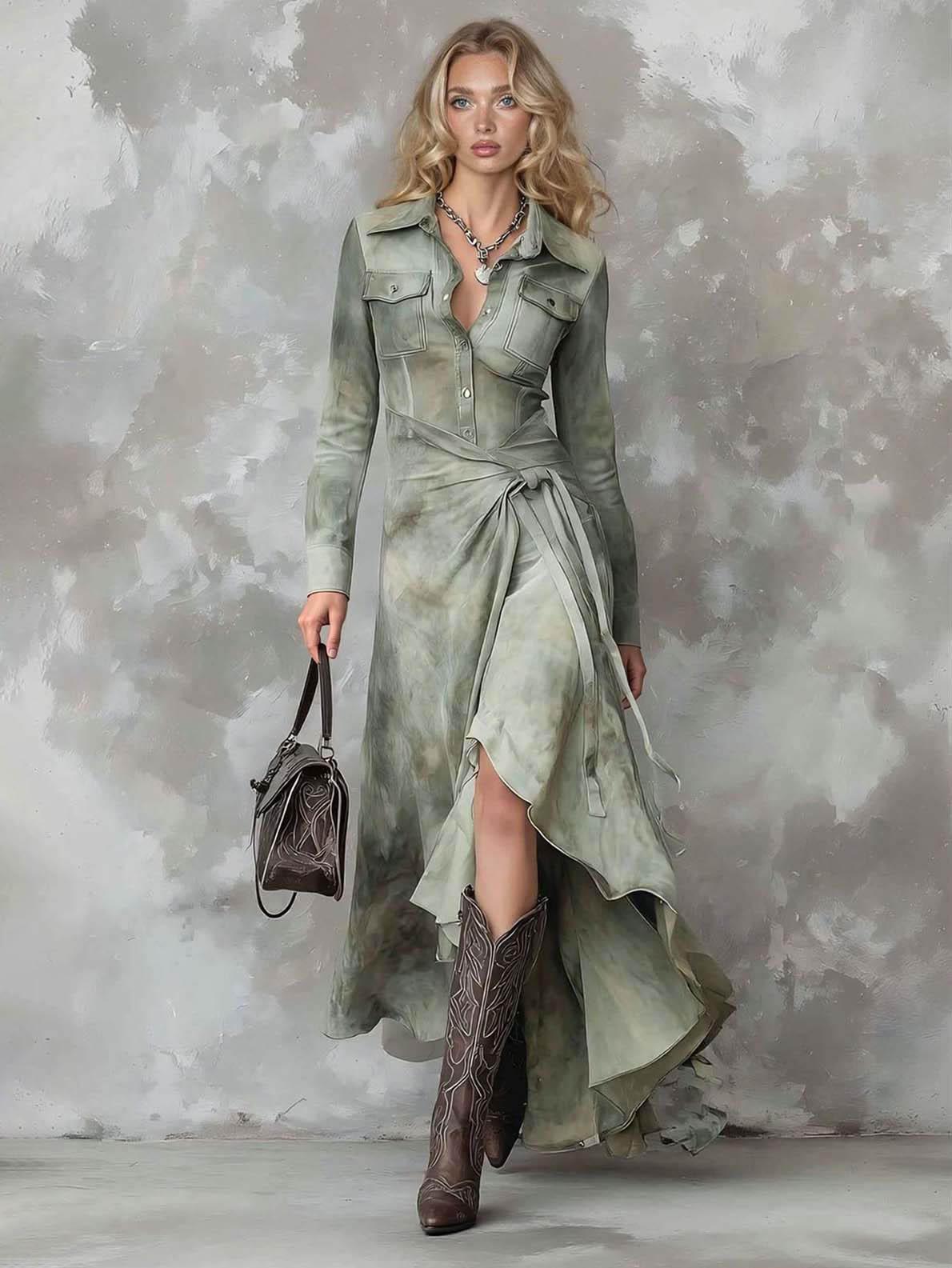 Aurohaya Retro Tie-Dye Print Shirt Collar Maxi Dress Green