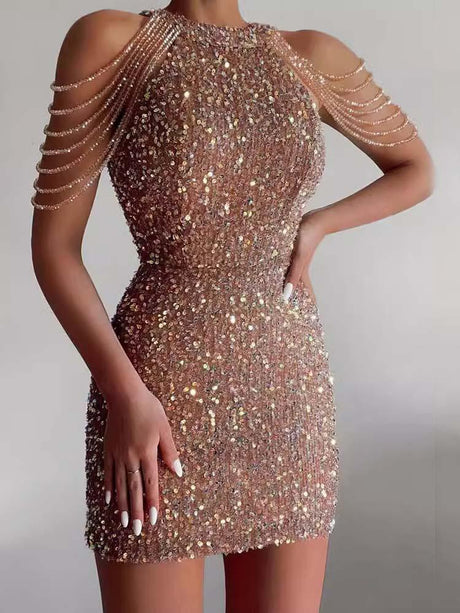 Aurohaya Elegant Crystal Chain Sequin Mini Dress Apricot