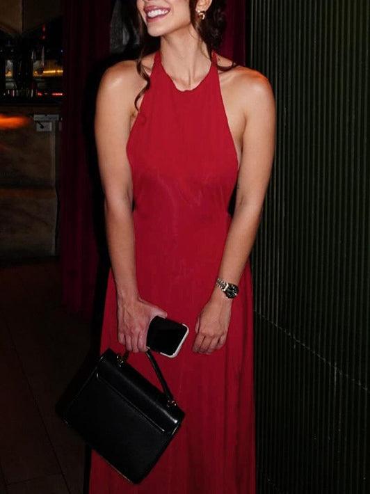 Aurohaya Halter Neck Strappy Sexy Backless Dress Red