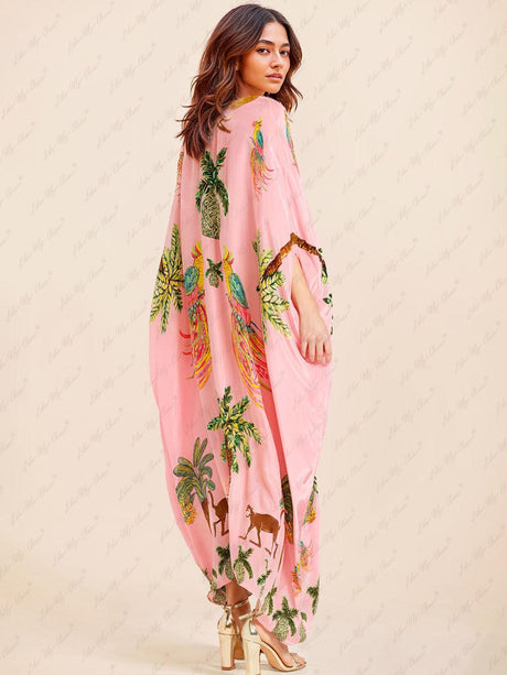 Aurohaya Unique Drop Shoulder Sleeve Coconut Tree Printed Dress
