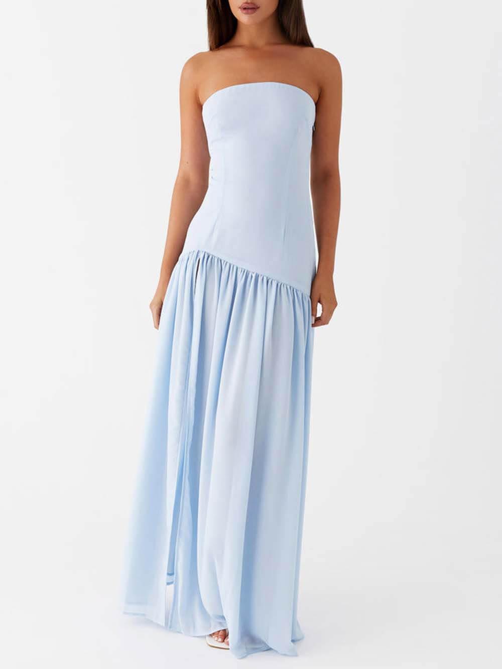 Aurohaya Exquisite Backless Pleats Strapless Maxi Dress Blue