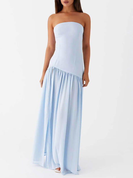 Aurohaya Exquisite Backless Pleats Strapless Maxi Dress Blue