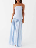 Aurohaya Exquisite Backless Pleats Strapless Maxi Dress Blue