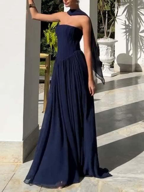 Aurohaya Scarf Tube Top A- Line Maxi Dress Dark-blue