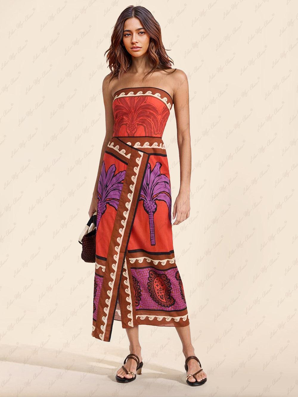 Aurohaya Unique Palm Tree Floral Off-Shoulder Midi Dress Multi-Color