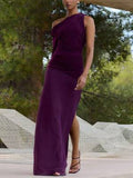Single-sleeve Asymmetric Design Side Slit Maxi Dress