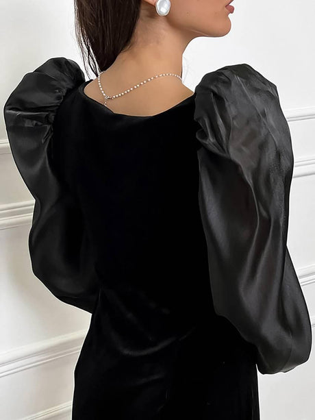 Aurohaya Square Neck Bubble Sleeve Front Slit Dress