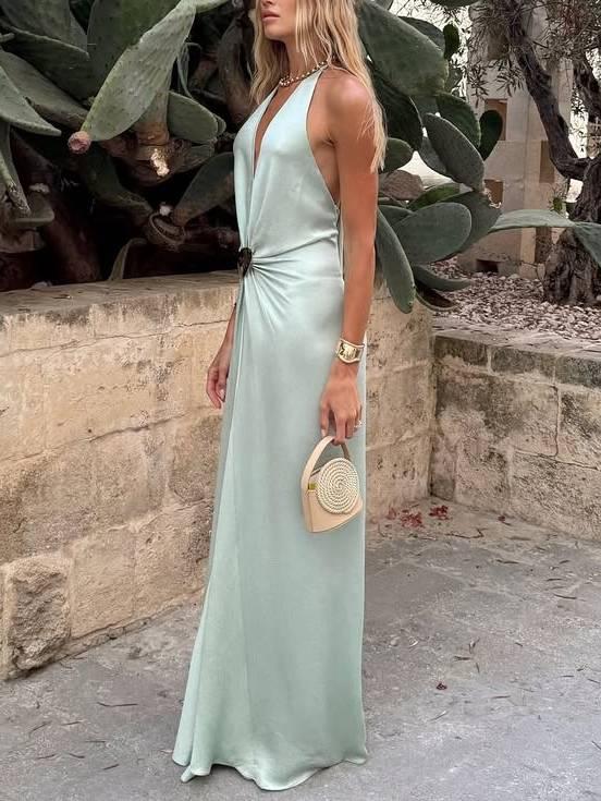 Aurohaya Deep V Halter-Neck Backless Metal Buckle Decoration Maxi Dress