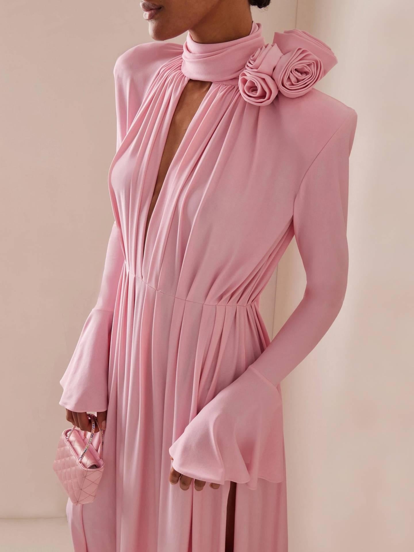 Aurohaya Three-Dimensional Flower Deep V Pleated Maxi Dress Pink