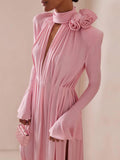 Aurohaya Three-Dimensional Flower Deep V Pleated Maxi Dress Pink