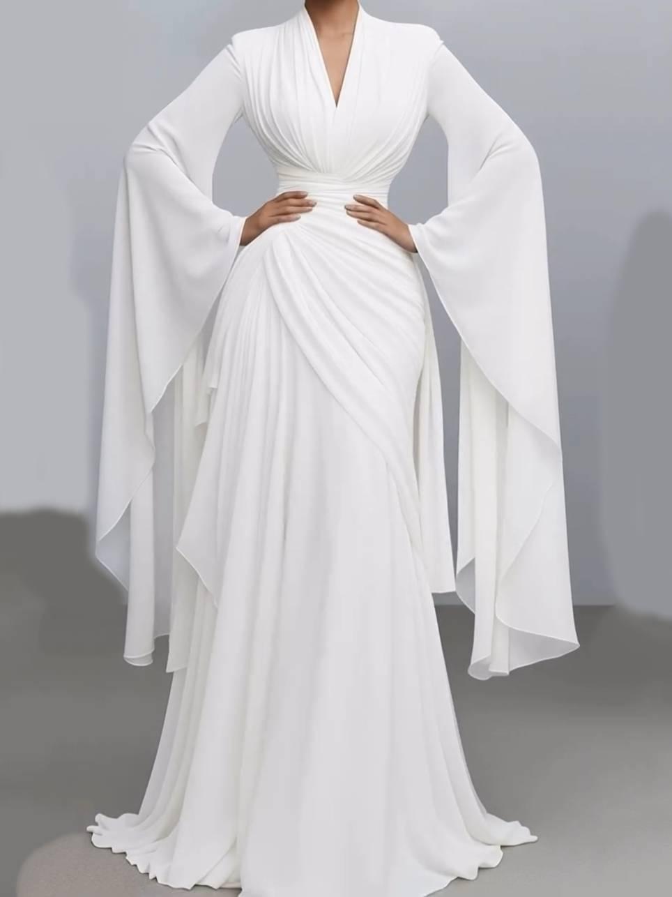 Aurohaya V-neck High-waisted A- Line Maxi Dress White