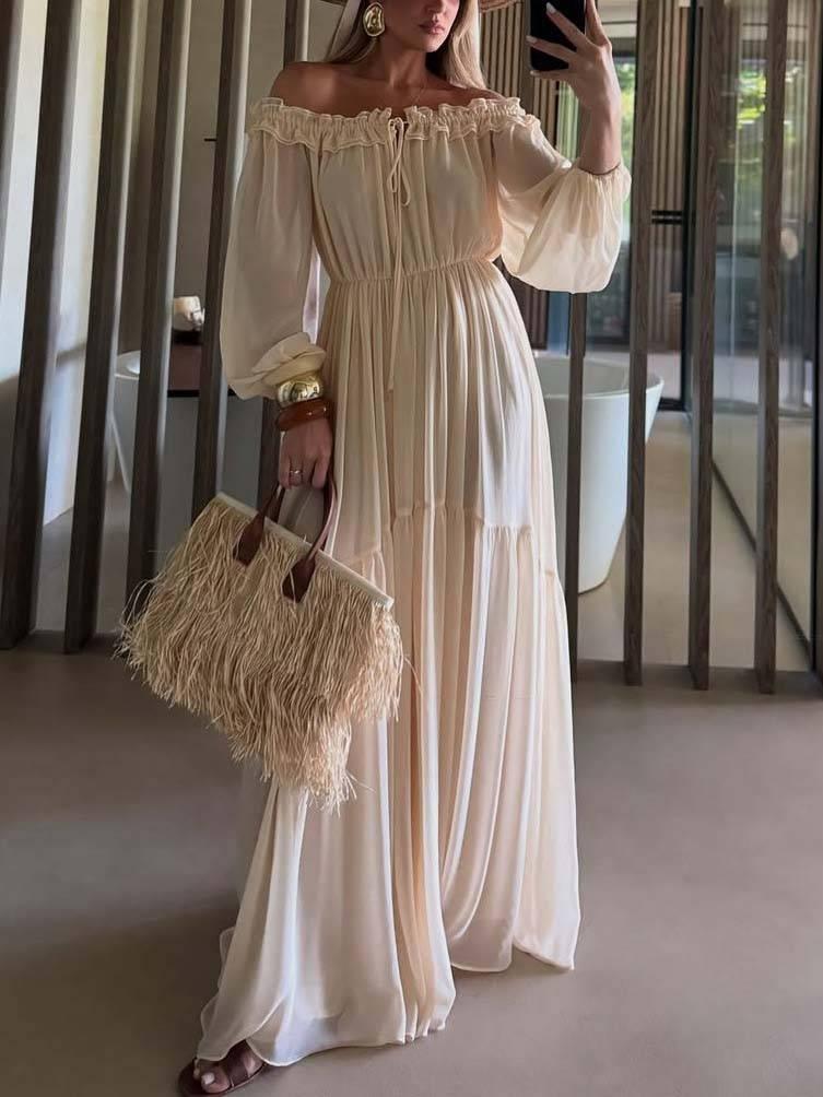 Aurohaya Vacation Style Off-shoulder Lace-up Long Sleeve Maxi Dress