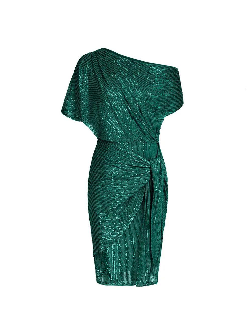 Aurohaya Elegant Sequined Asymmetrical Off-the-shoulder Mini Dress Green