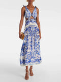 Printed Lace-Up Midi Dress