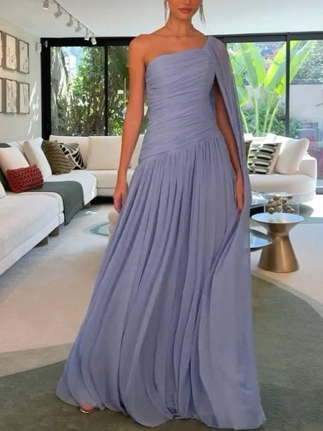 Aurohaya Unique Single-sleeve Shawl Pleated Maxi Dress Blue