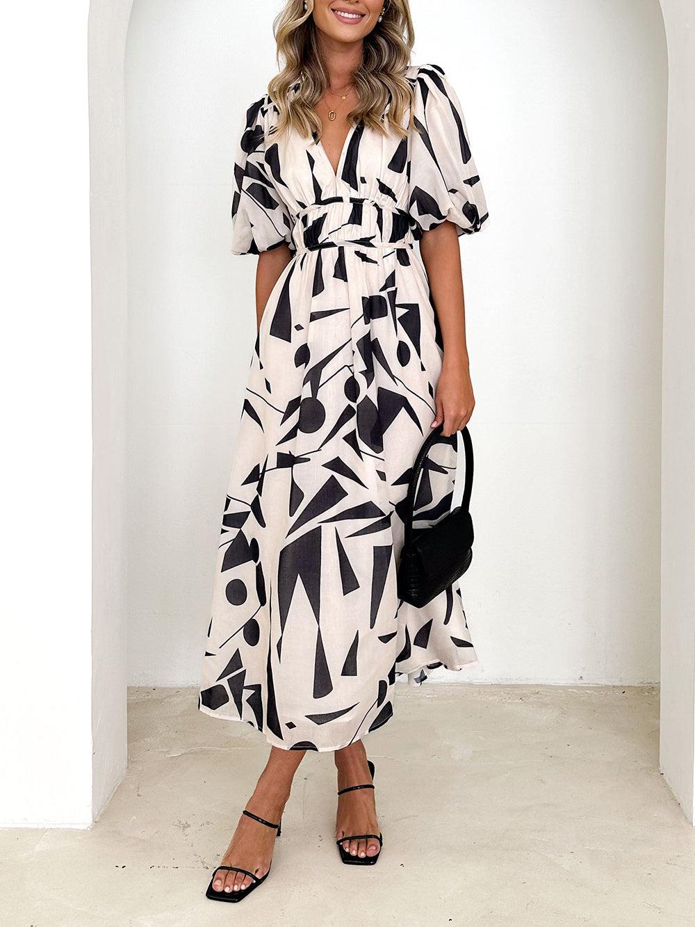 Aurohaya Sakura Midi Dress - Beige Geo