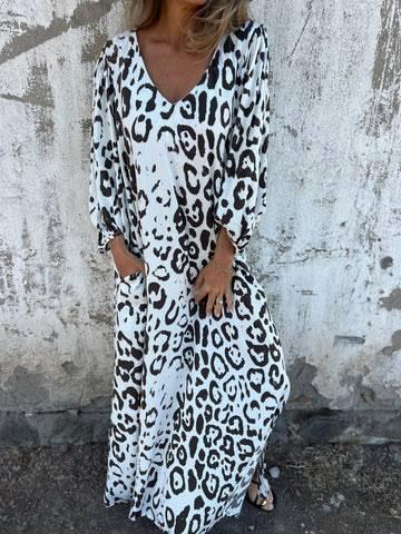 Aurohaya Leopard Print V-neck Pullover Long-sleeved Loose Dress White