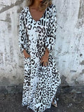 Aurohaya Leopard Print V-neck Pullover Long-sleeved Loose Dress White