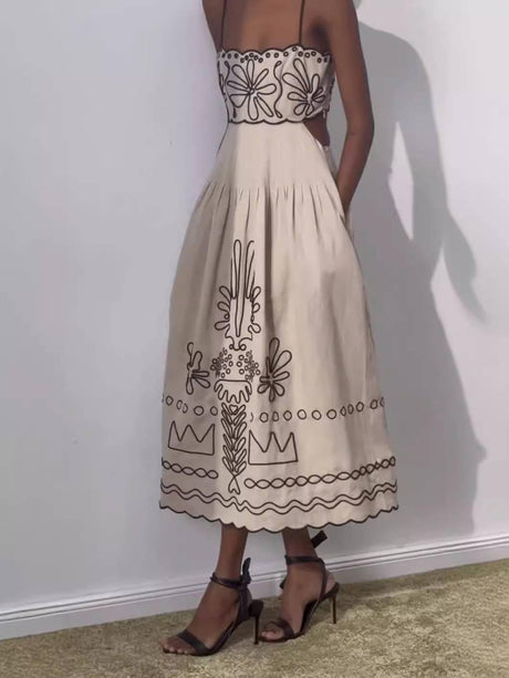 Aurohaya Printed Hollow Midi Dress